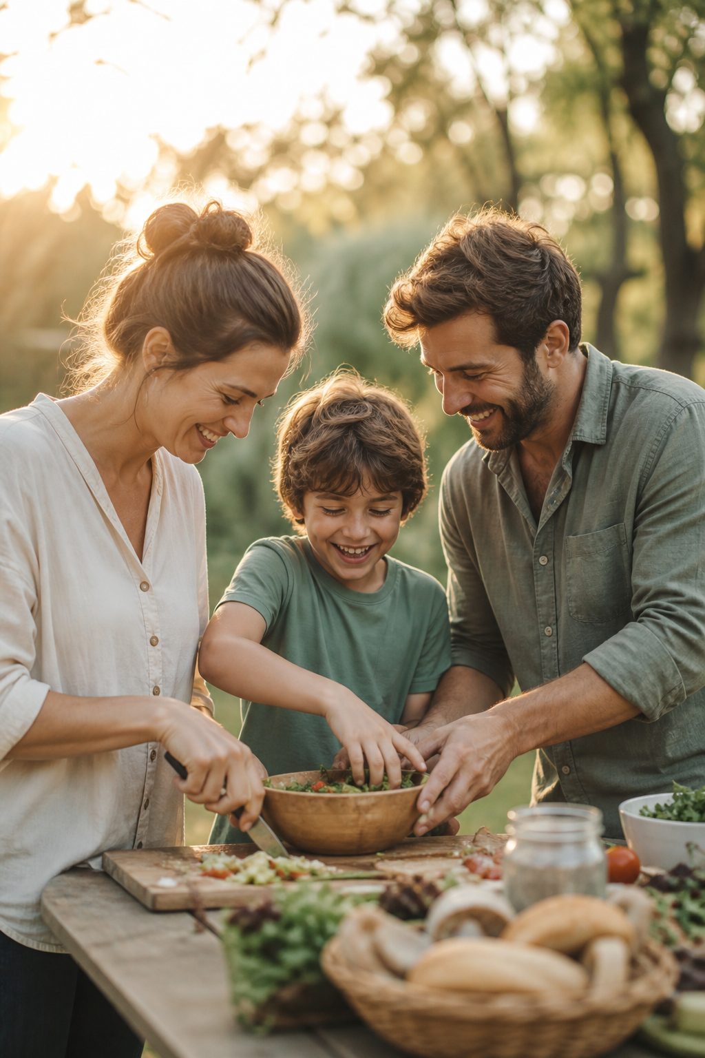 A family cooking and laughing together outdoors at golden hour