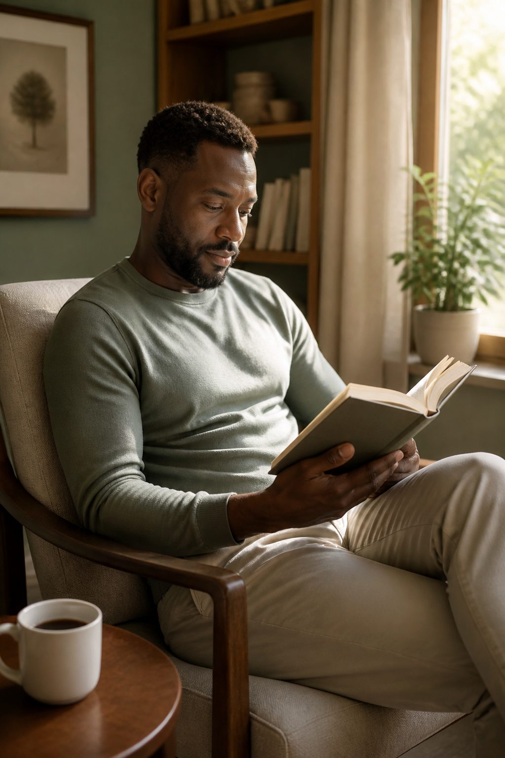 A man with dark complexion enjoying quiet personal time with a book