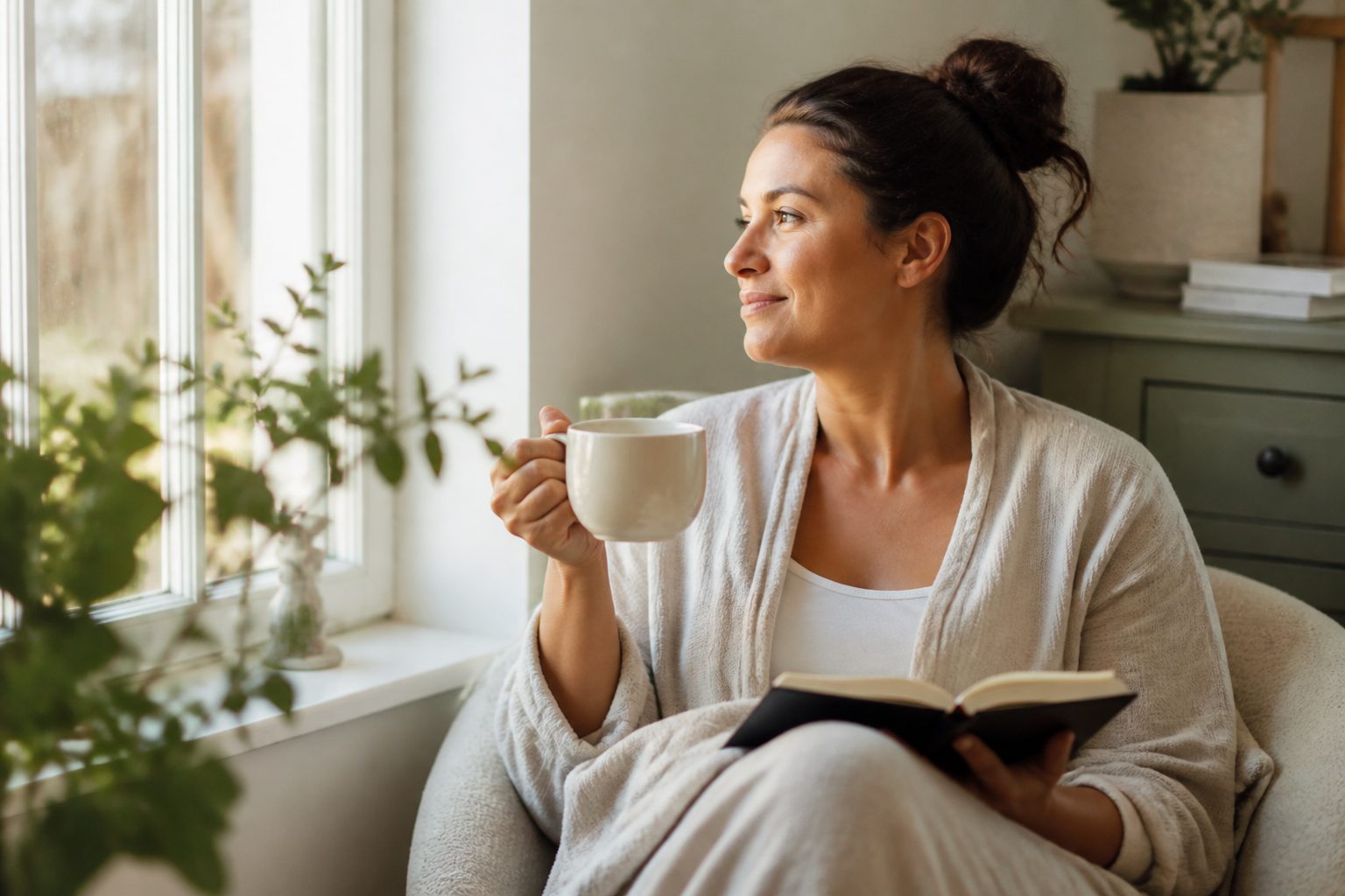 A woman practicing self-care with tea and a journal