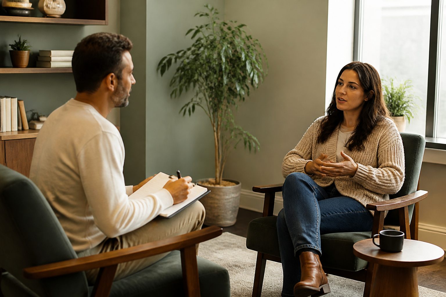 Two people collaborating in a calm therapy-style session