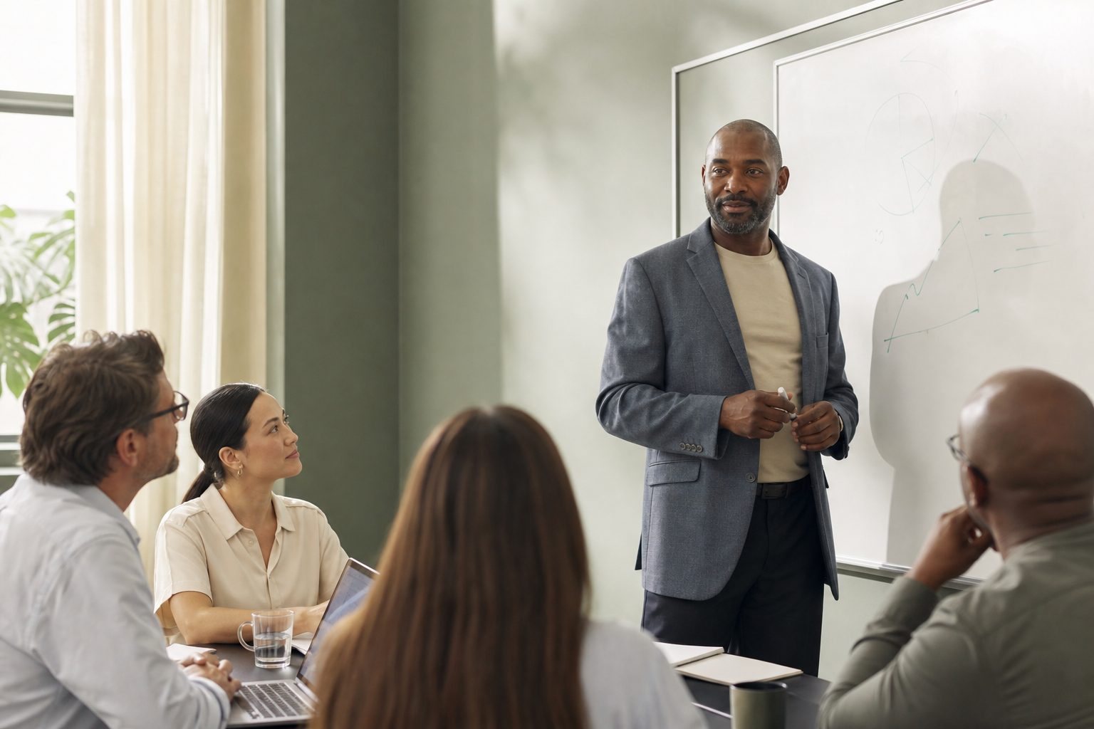 A man with dark complexion leading a small group presentation
